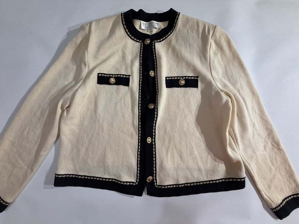 St John Collection Knit Jacket Gold Button Navy Cream Womens 14